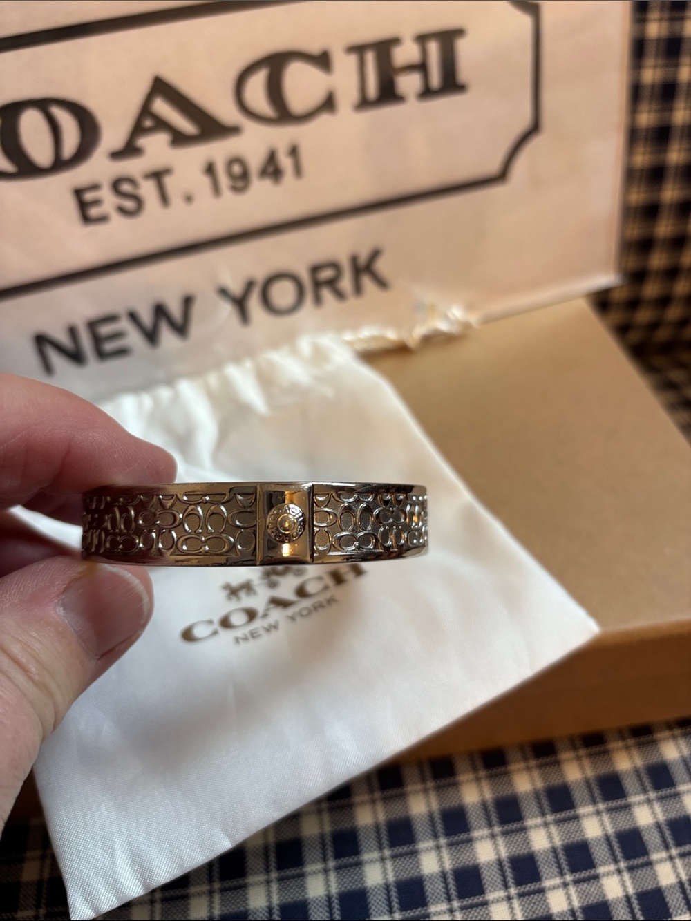 Coach Silver Tone Filigree Logo Bangle Bracelet - Picture 2 of 7